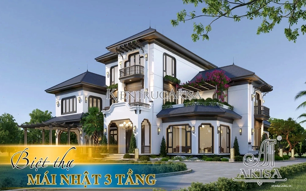 Mẫu biệt thự 3 tầng mái Nhật đẹp với hệ mái dốc nhẹ nhàng và màu sắc trang nhã