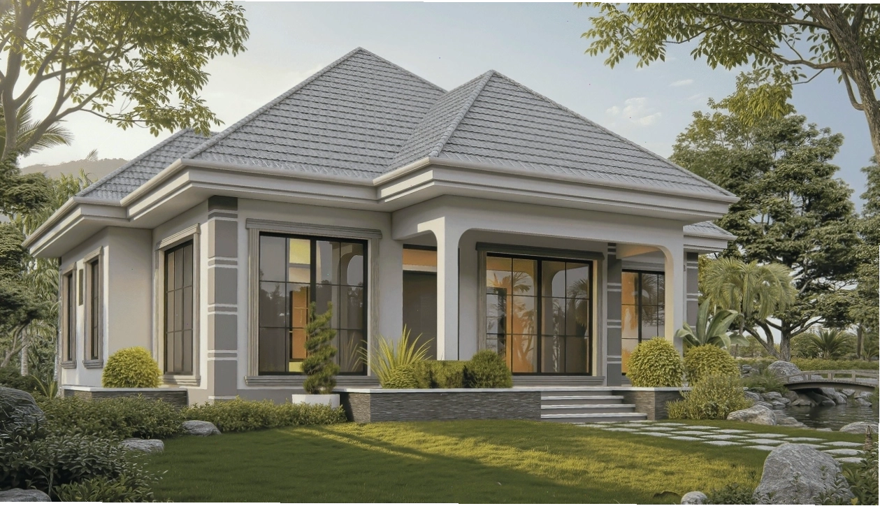 Mẫu biệt thự mái Nhật 1 tầng với kiến trúc hiện đại và sân vườn rộng