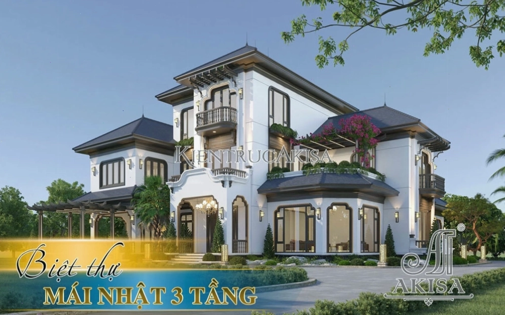 Mẫu biệt thự mái nhật 3 tầng với thiết kế hiện đại và sang trọng