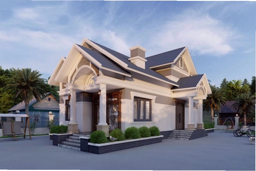 Mẫu biệt thự mái thái 1 tầng hiện đại với gam màu trắng tinh tế