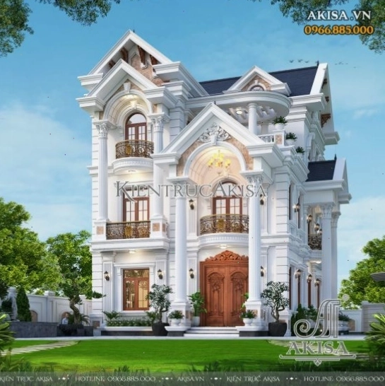 Mẫu biệt thự tân cổ điển 3 tầng mái Thái với thiết kế đối xứng hài hòa