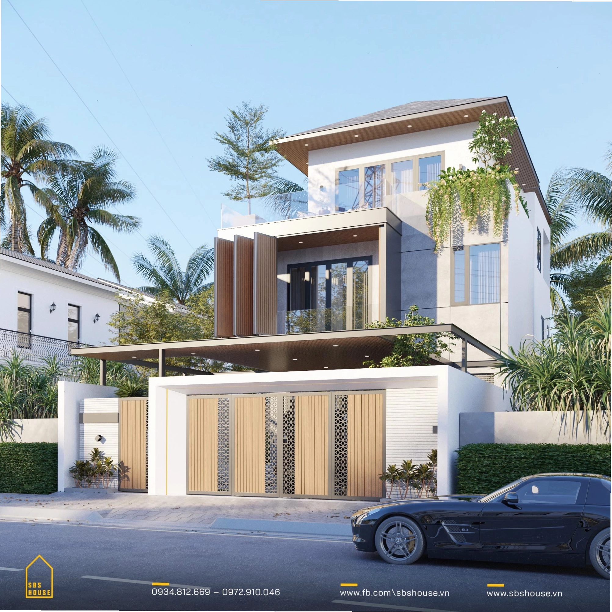 Mẫu cổng nhà bằng sắt và conwood cho nhà mái nhật 3 tầng