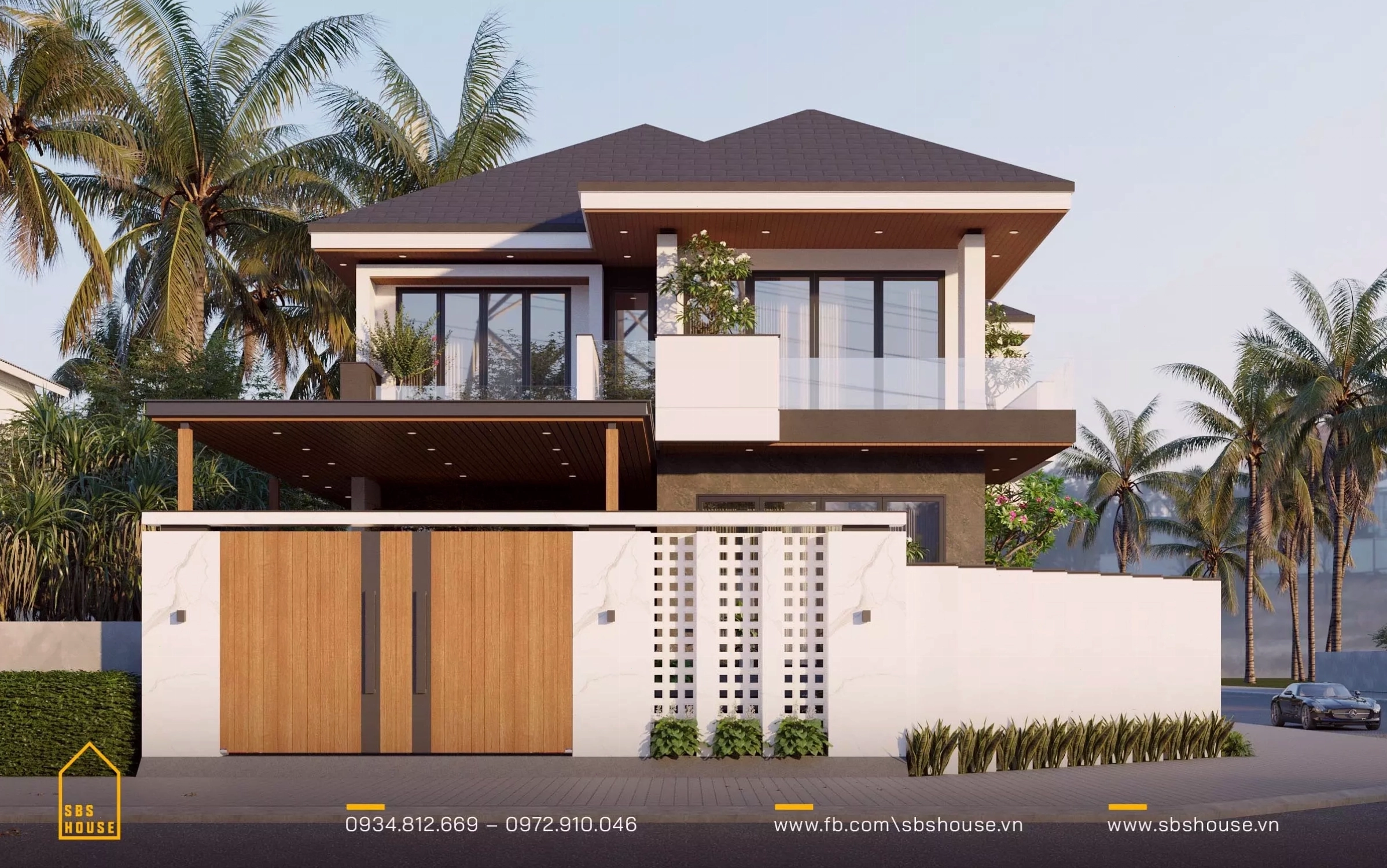 Mẫu cổng nhà mái Nhật sử dụng chất liệu conwood với thiết kế hiện đại