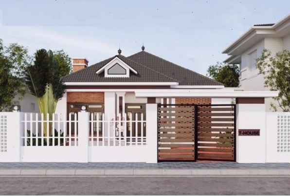 Mẫu cổng nhà mái thái cấp 4 đẹp với thiết kế đơn giản, hiện đại