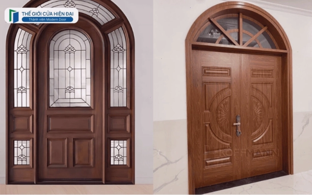 Mẫu cửa gỗ vòm tròn với pano cánh phẳng, tông màu trắng thanh lịch