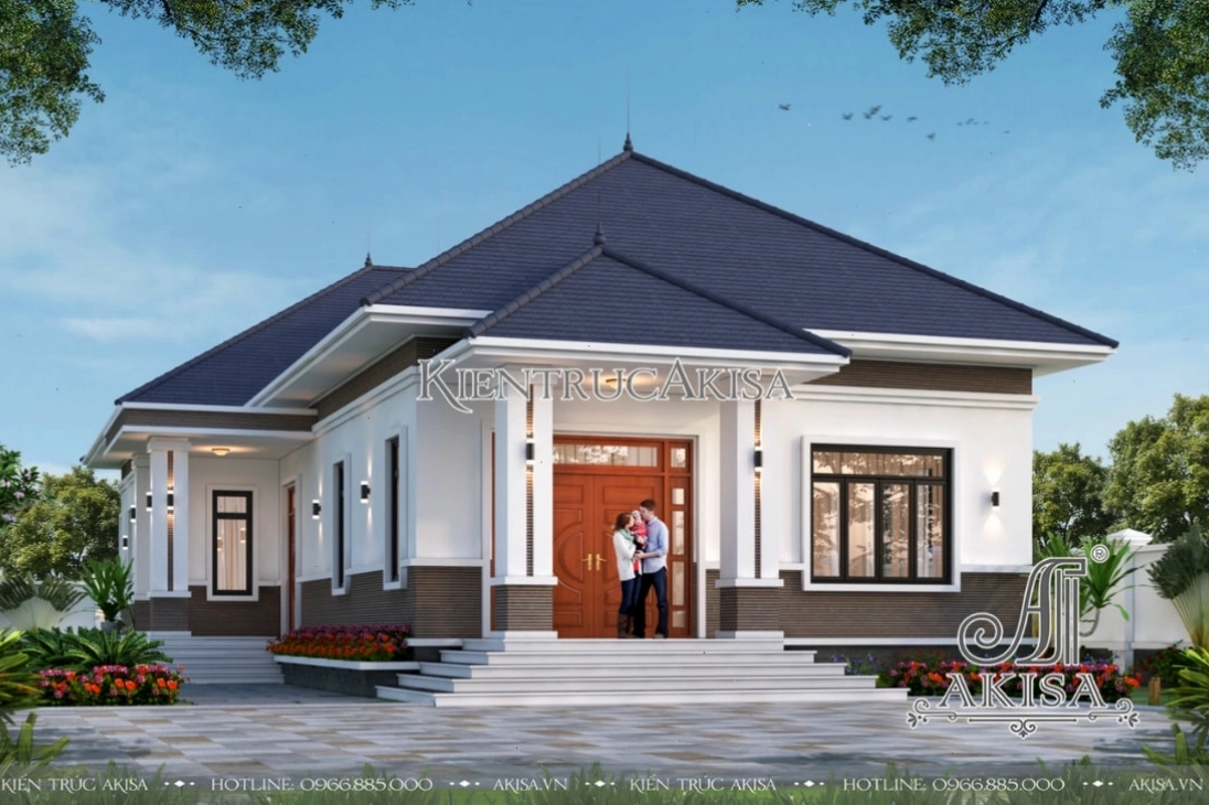 Mẫu nhà 1 tầng chữ L mái Nhật với gam màu trắng chủ đạo và hệ mái cam nổi bật