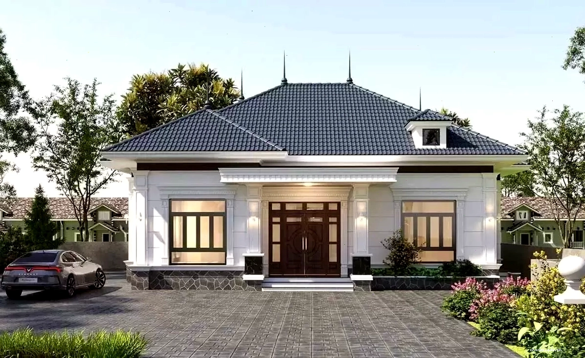 Mẫu nhà 1 tầng mái Nhật đơn giản ở nông thôn với sân vườn