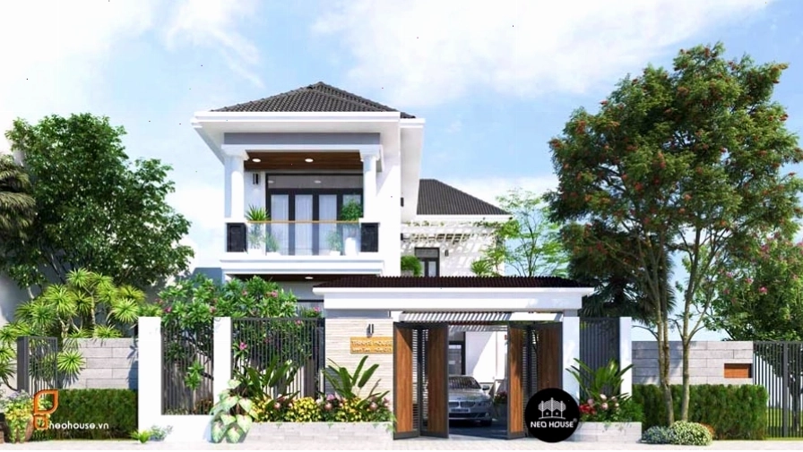 Mẫu nhà 1 trệt 1 lầu mái Thái chữ L với sân vườn rộng rãi