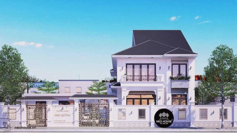 Mẫu nhà 1 trệt 1 lầu mái Thái hiện đại với hệ cửa kính lớn và màu sơn trắng tinh khôi