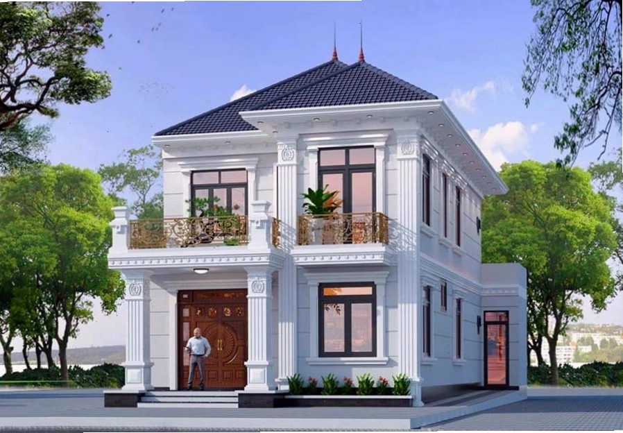 Mẫu nhà 1 trệt 1 lầu mái Thái tân cổ điển với các chi tiết phào chỉ tinh xảo