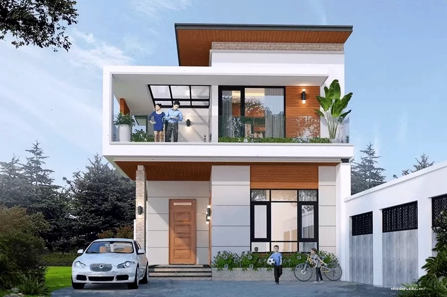 Mẫu nhà 2 tầng hiện đại với mái bằng đơn giản, kiến trúc vuông vắn