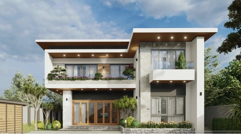 Mẫu nhà 2 tầng mái bằng hiện đại kết hợp sân vườn xanh mát