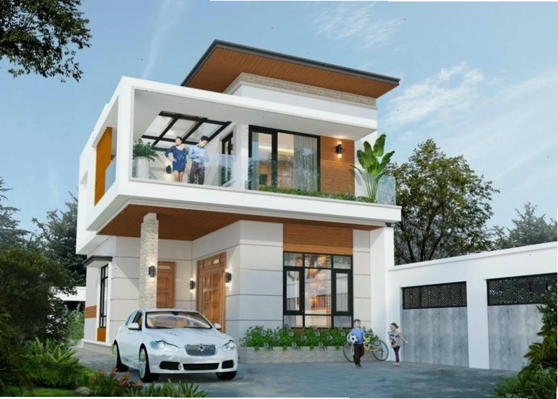 Mẫu nhà 2 tầng mái bằng phong cách hiện đại với các khối hình học ấn tượng