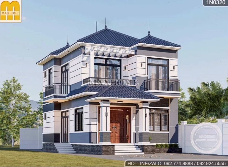 Mẫu nhà 2 tầng mái Nhật 100m2 với kiến trúc sang trọng và mặt tiền ấn tượng