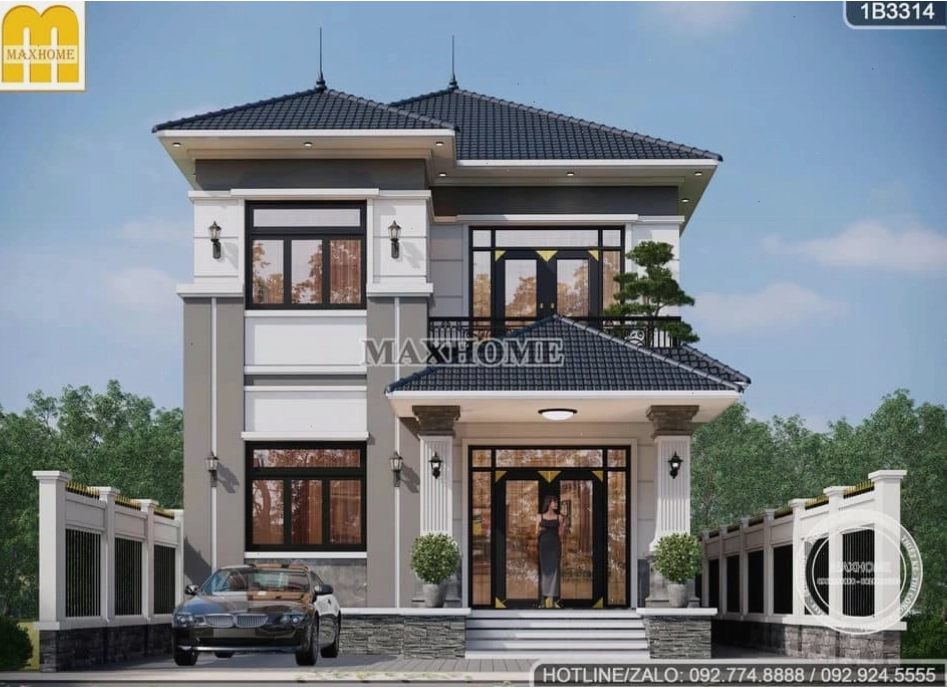 Mẫu nhà 2 tầng mái Nhật 100m2 với thiết kế ban công rộng rãi