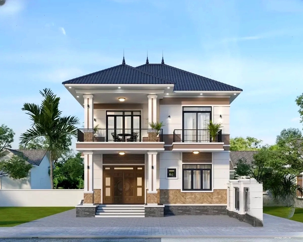 Mẫu nhà 2 tầng mái Nhật diện tích 100m² với 3 phòng ngủ và 1 phòng thờ