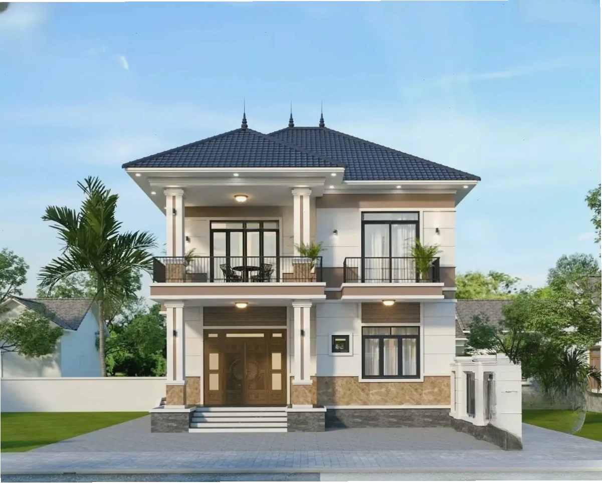 Mẫu nhà 2 tầng mái Nhật hiện đại với 3 phòng ngủ và 1 phòng thờ