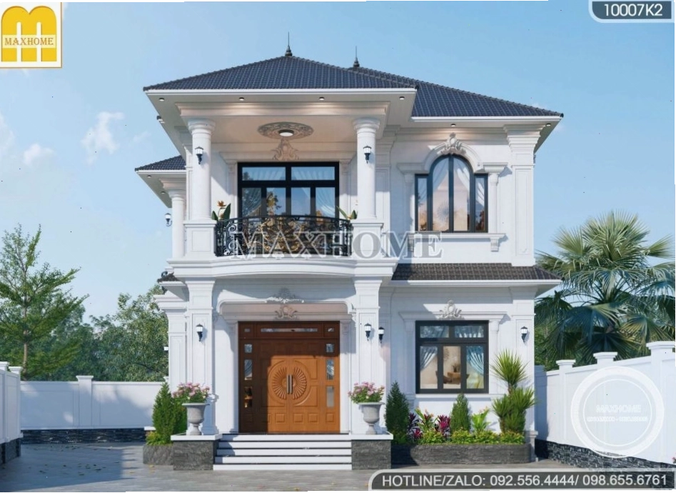 Mẫu nhà 2 tầng mái Nhật tân cổ điển với mặt tiền sang trọng và các chi tiết phào chỉ tinh tế