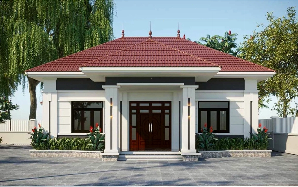 Mẫu nhà 2 tầng mái Thái lợp tôn giả ngói với kiến trúc đăng đối, sang trọng