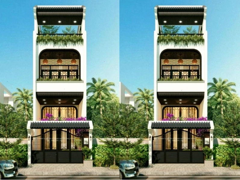 Mẫu nhà 4x16m 2 tầng 1 gác lửng phong cách Indochine.