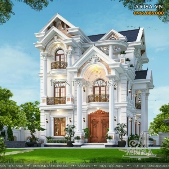 Mẫu nhà biệt thự tân cổ điển 3 tầng mái Thái BT32970
