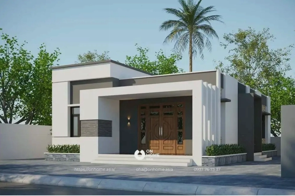 Mẫu nhà cấp 4 mái bằng chữ L với sân vườn xanh mát