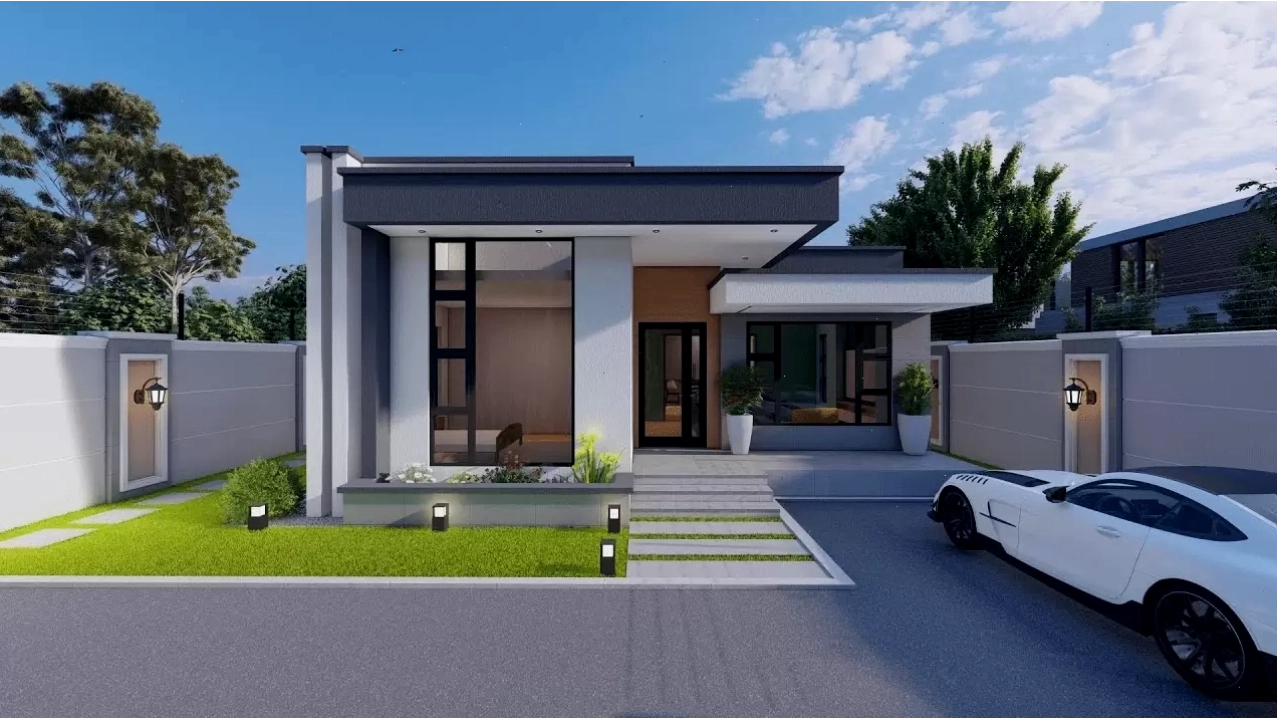 Mẫu nhà cấp 4 mái bằng có sân vườn rộng rãi