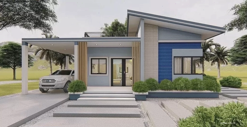Mẫu nhà cấp 4 mái lệch có gara ô tô hiện đại