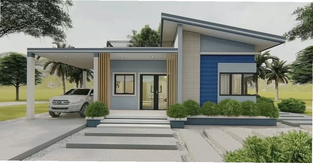Mẫu nhà cấp 4 mái lệch có gara ô tô hiện đại