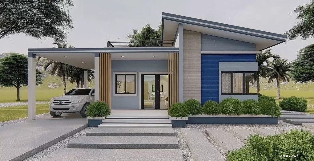 Mẫu nhà cấp 4 mái lệch có gara ô tô hiện đại, đáp ứng nhu cầu sinh hoạt tiện nghi