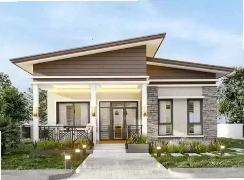 Mẫu nhà cấp 4 mái lệch có sân vườn xanh mát và trong lành