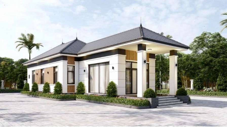 Mẫu nhà cấp 4 mái Nhật có gara ô tô và sân vườn