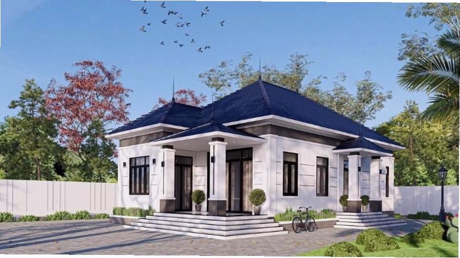 Mẫu nhà cấp 4 mái Nhật với hệ cửa kính lớn