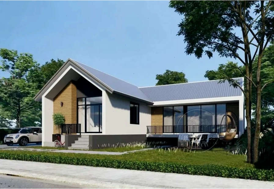 Mẫu nhà cấp 4 mái thái chữ L hiện đại có gara để xe