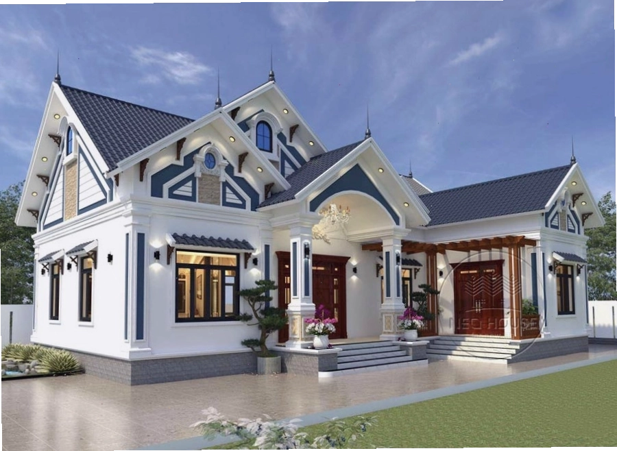 Mẫu nhà cấp 4 mái thái chữ L tân cổ điển sang trọng