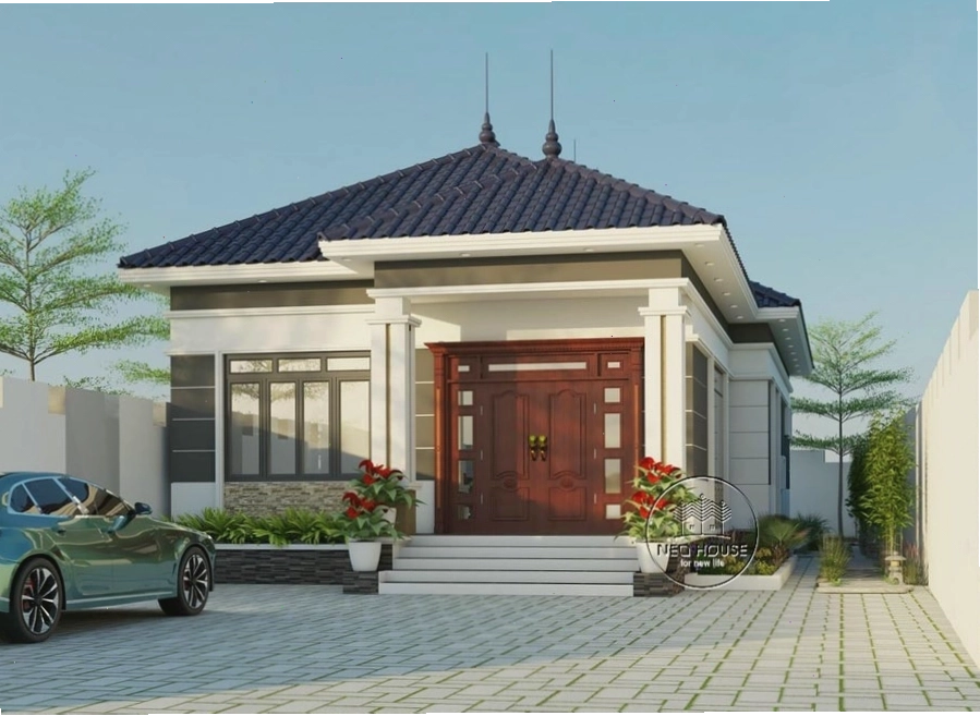 Mẫu nhà cấp 4 mái thái hiện đại với gam màu trắng tinh khôi
