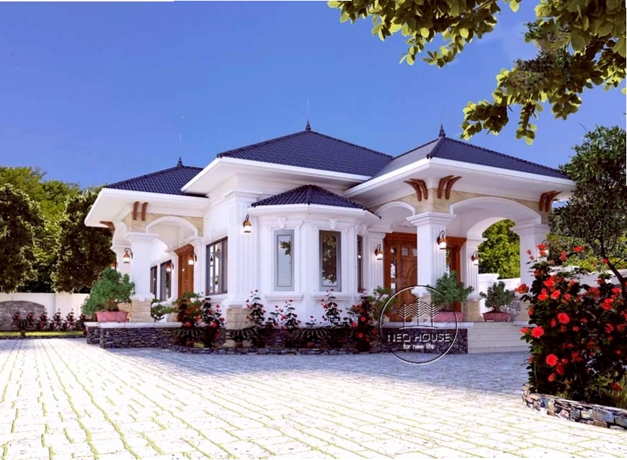 Mẫu nhà cấp 4 mái thái tân cổ điển với các chi tiết phào chỉ tinh tế