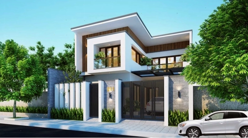 Mẫu nhà mái bằng 2 tầng chữ L với công năng sử dụng được phân chia rõ ràng