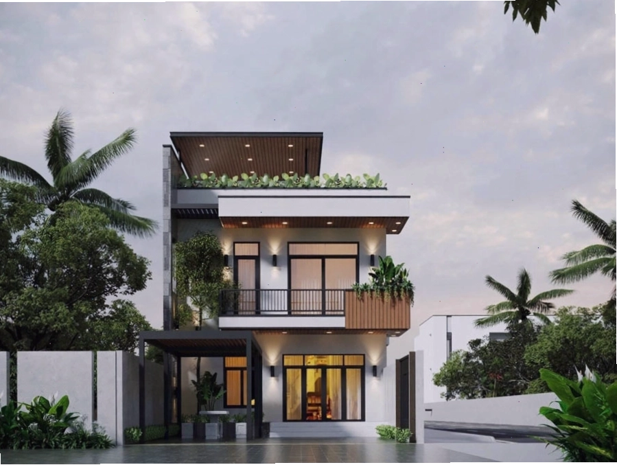 Mẫu nhà mái bằng 2 tầng có gác lửng, tăng thêm diện tích sử dụng