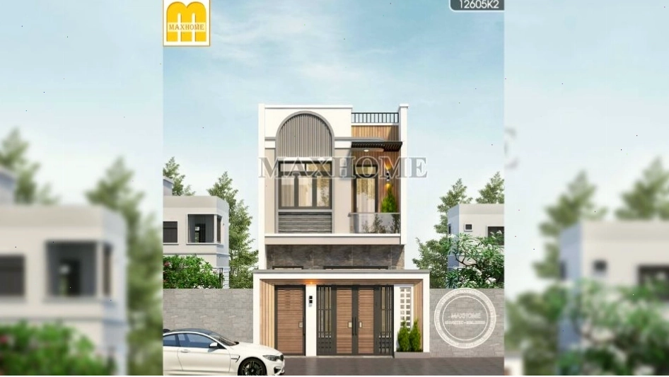 Mẫu nhà mái bằng 2 tầng hiện đại với tông màu trắng chủ đạo, ban công rộng rãi