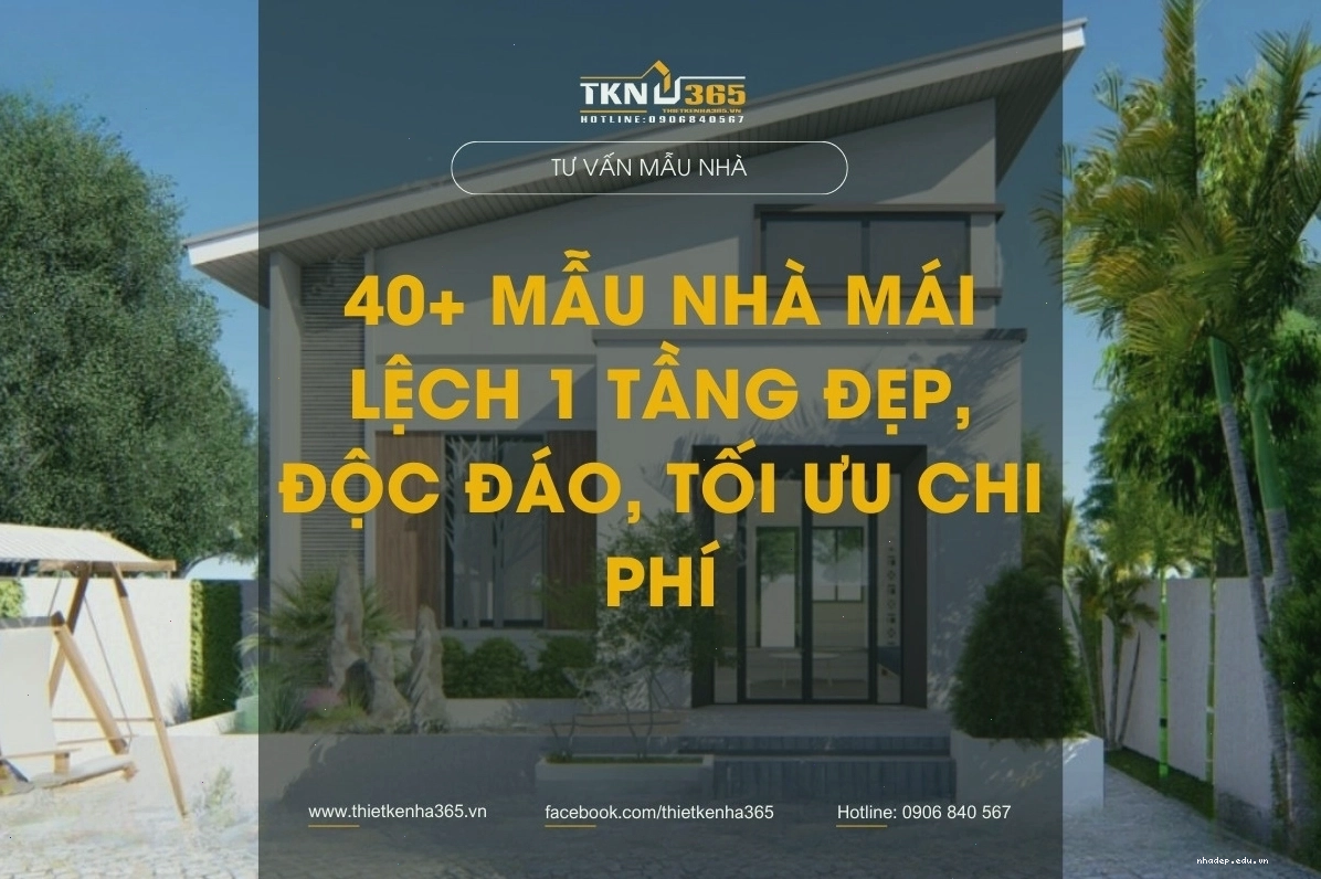 Mẫu nhà mái lệch 1 tầng phong cách tối giản với sân vườn xanh mát