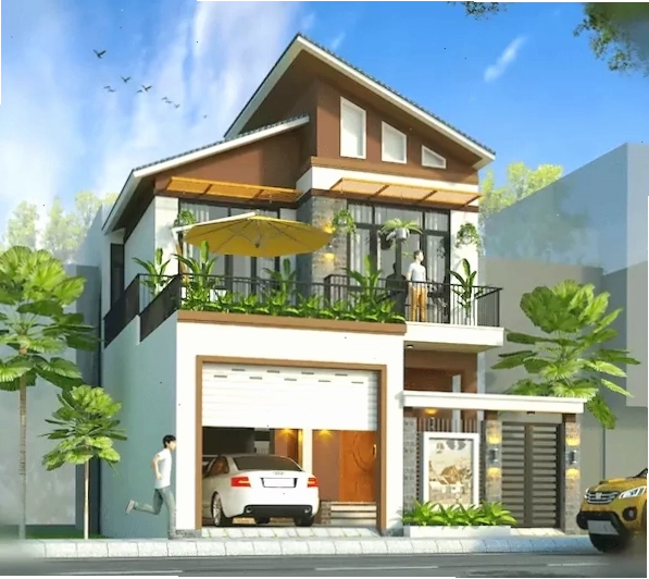 Mẫu nhà mái lệch có gara ô tô tiện nghi