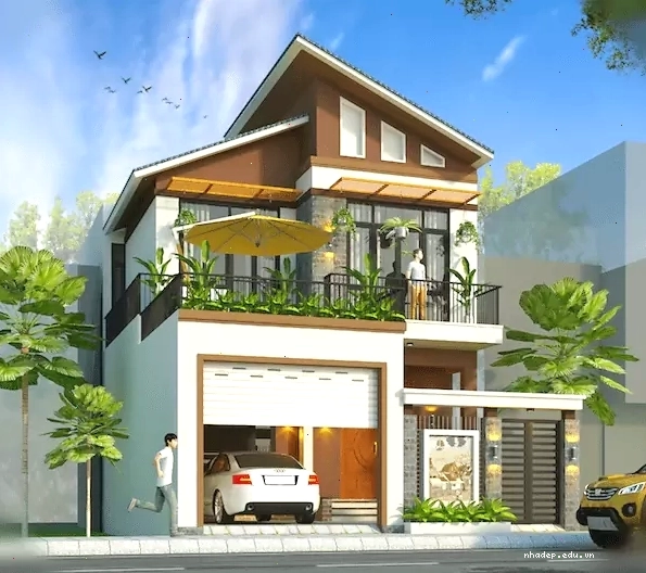 Mẫu nhà mái lệch có gara ô tô tiện nghi