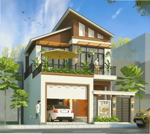 Mẫu nhà mái lệch có gara ô tô tiện nghi