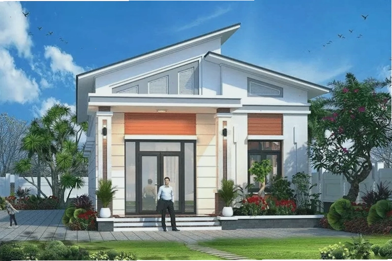 Mẫu nhà mái lệch có sân vườn gần gũi thiên nhiên