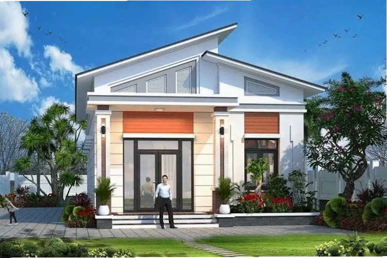 Mẫu nhà mái lệch có sân vườn gần gũi thiên nhiên