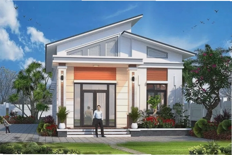 Mẫu nhà mái lệch có sân vườn gần gũi với thiên nhiên
