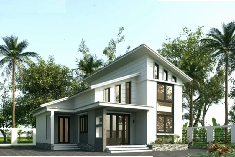 Mẫu nhà mái lệch đẹp có gác lửng, kiến trúc hiện đại