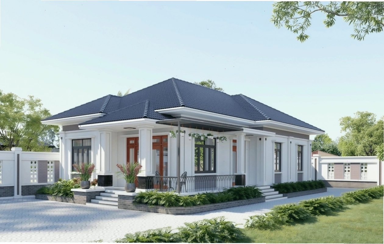 Mẫu nhà mái Nhật 1 tầng 3 phòng ngủ với kiến trúc hiện đại và sân vườn rộng rãi