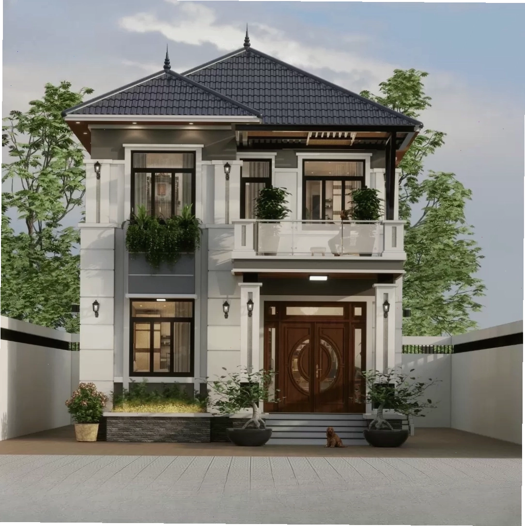 Mẫu nhà mái Nhật 2 tầng 8x10m hiện đại, tiện nghi có gara ô tô